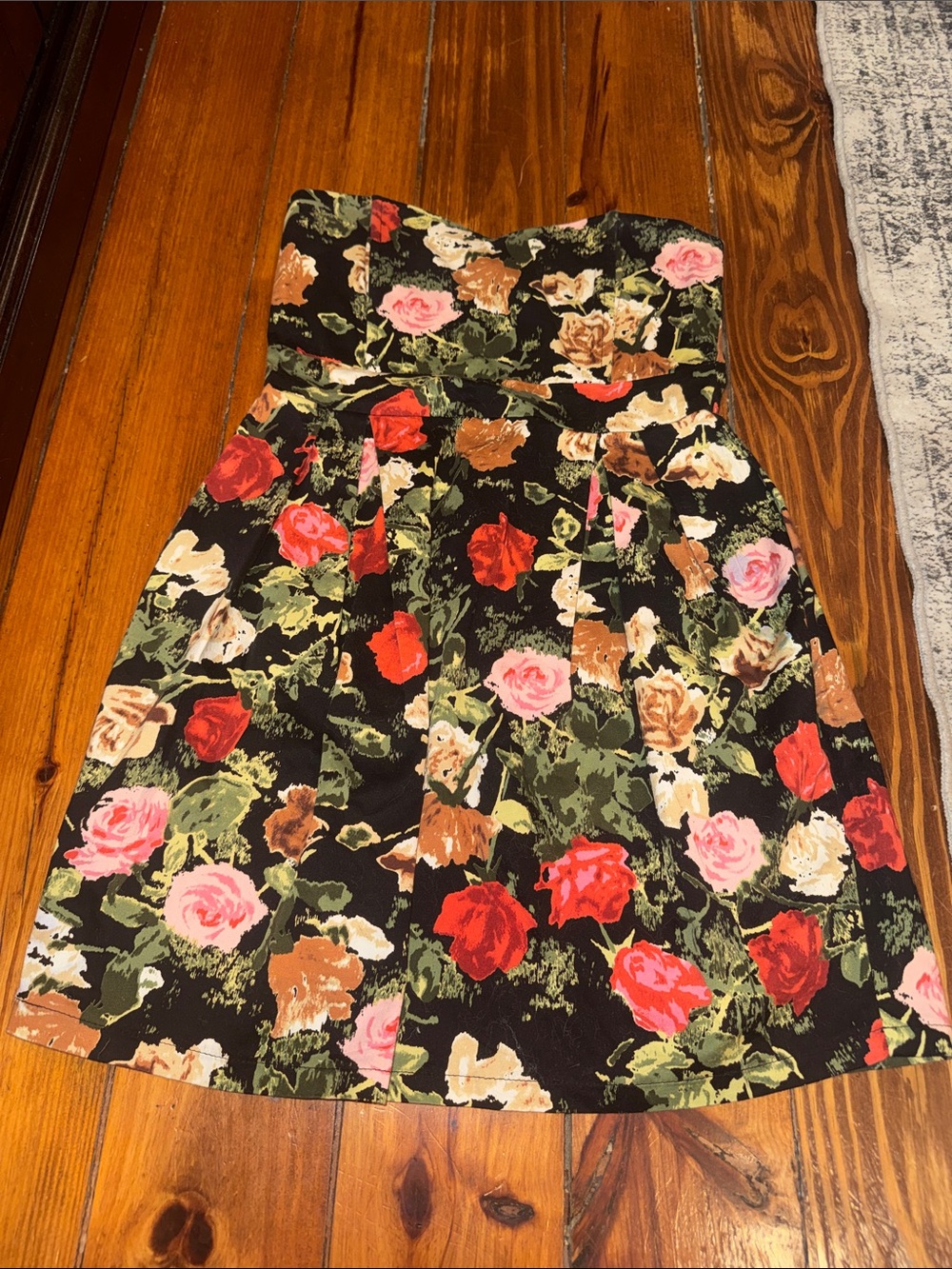 Strapless Floral A-Line Dress in Black with Red & Pink Roses